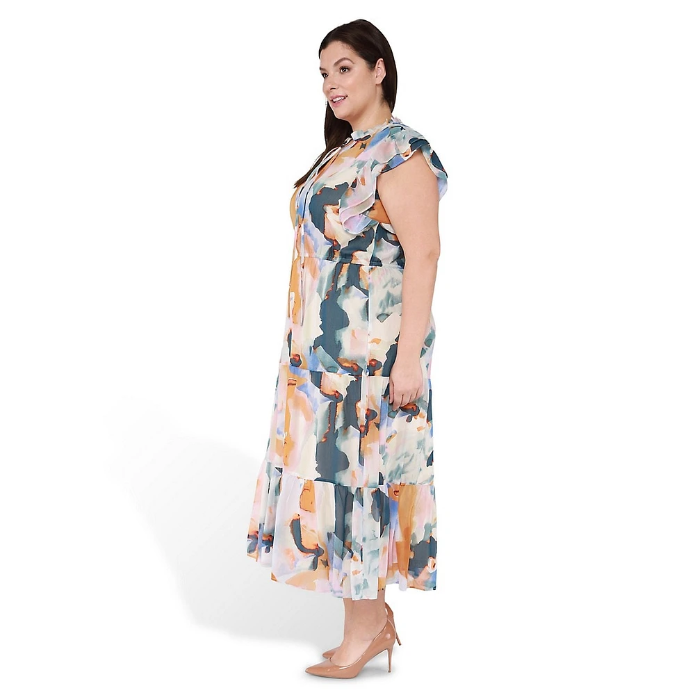 Plus Abstract-Print Tiered Midi Dress