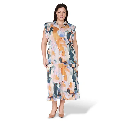 Plus Abstract-Print Tiered Midi Dress