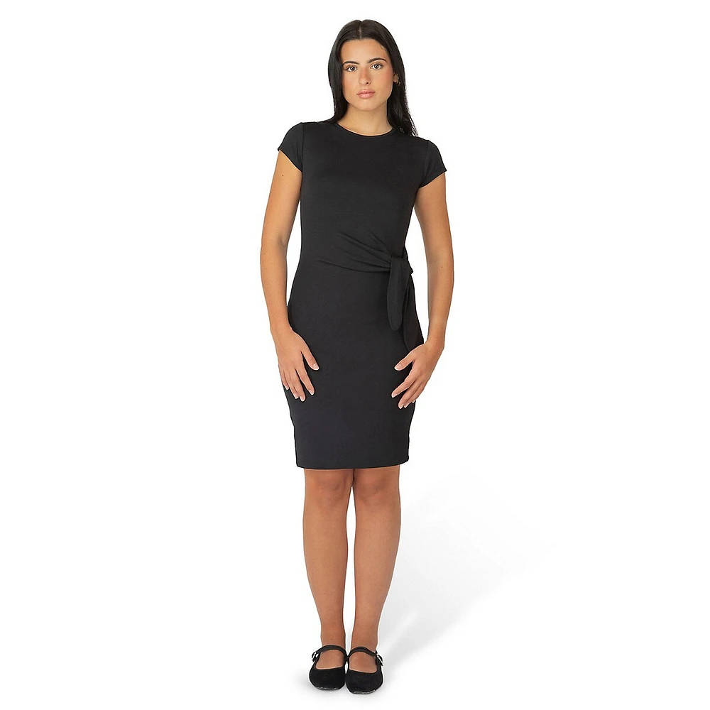 Short-Sleeve Draped Side-Tie Sheath Dress