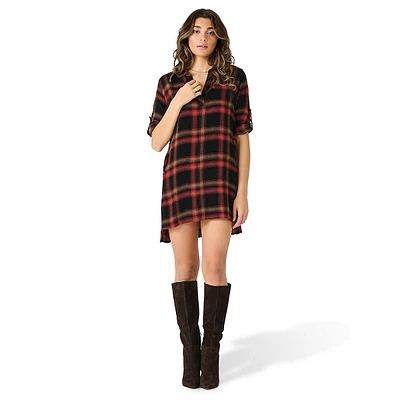 Tab-Sleeve Plaid Shirtdress