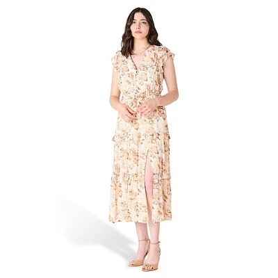 Flutter-Sleeve Floral Midi Dress