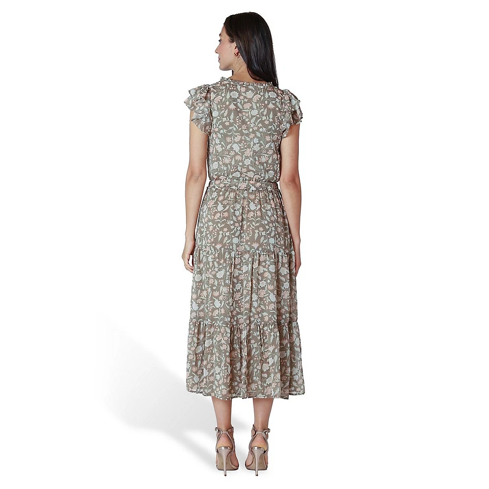 Flutter-Sleeve Floral Midi Dress