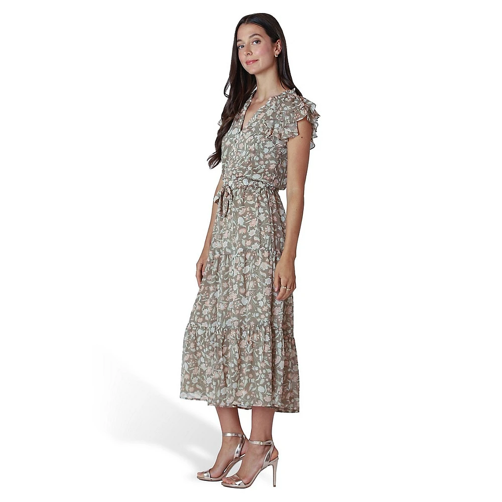 Flutter-Sleeve Floral Midi Dress