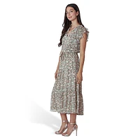 Flutter-Sleeve Floral Midi Dress