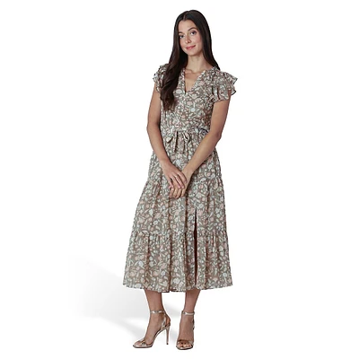 Flutter-Sleeve Floral Midi Dress