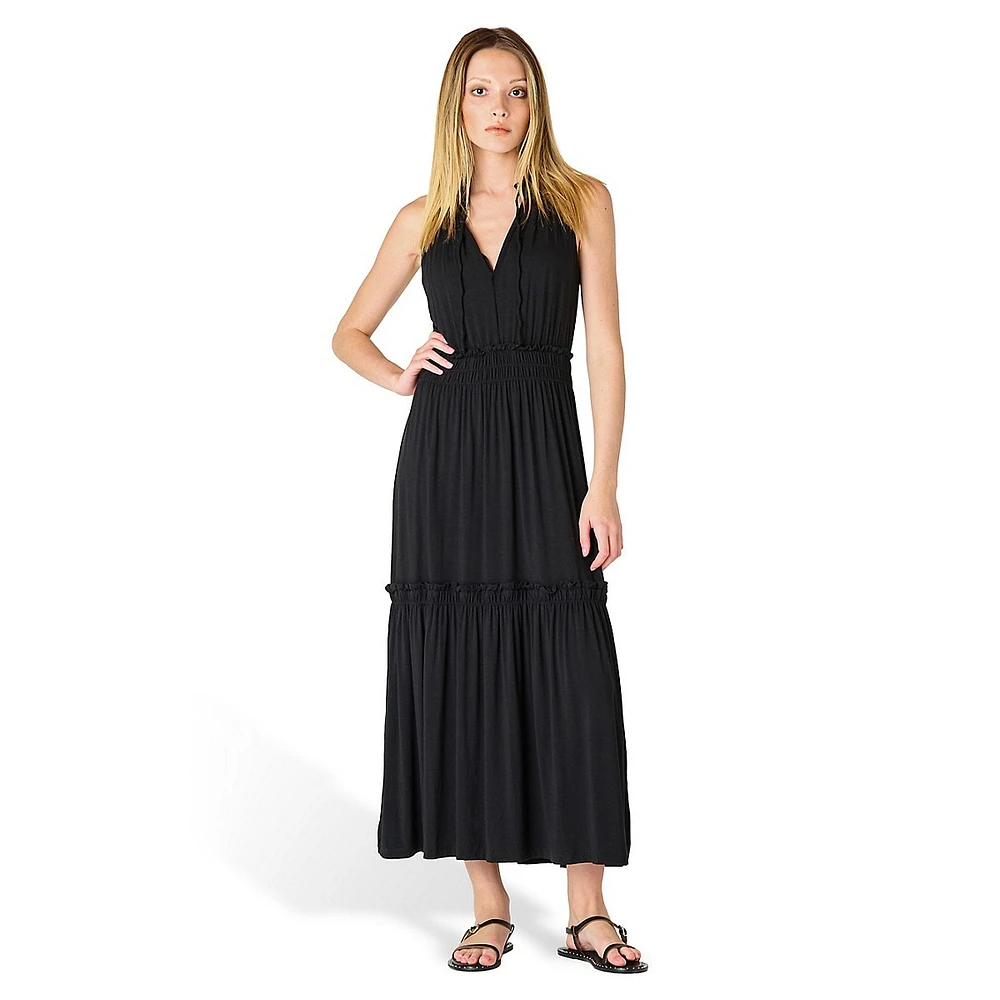 Tiered Tie-Neck Midi Dress