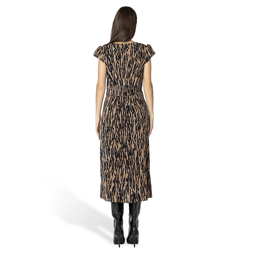 Animal-Print Smocked-Back Midi Dress