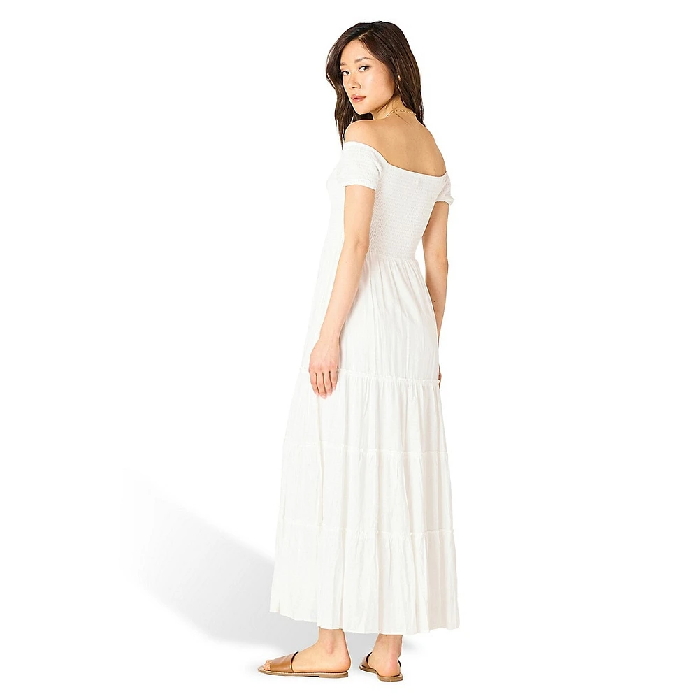 Off-The-Shoulder Smocked & Tiered Midi Dress