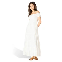 Off-The-Shoulder Smocked & Tiered Midi Dress