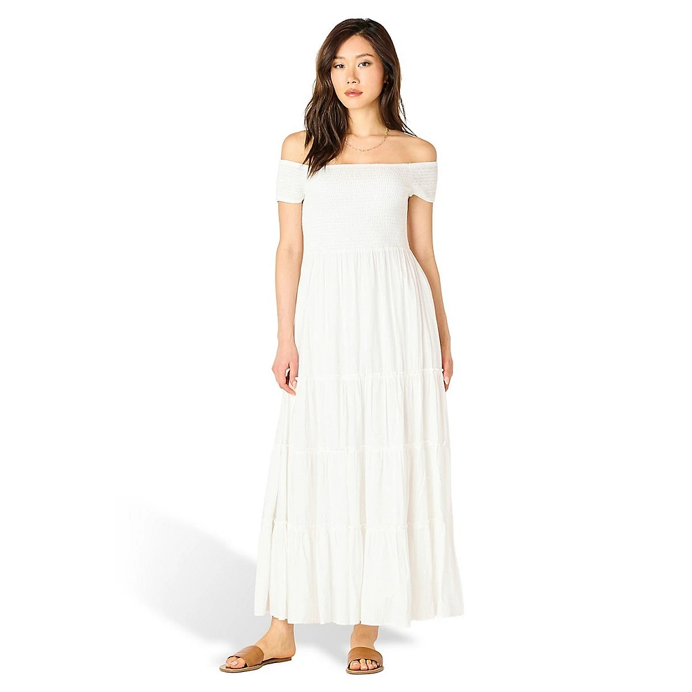 Off-The-Shoulder Smocked & Tiered Midi Dress