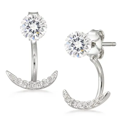 Sterling Silver White Cz Rhodium Finish Front Back Earring