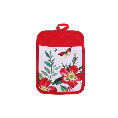 Pot Holder With Pocket Fiery Red Floral - Set Of 6