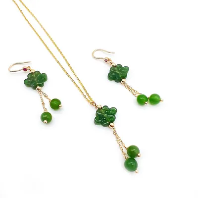 Set Of Natural Jade Earrings And Pendant With Necklace