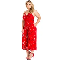 Plus Women's Red Floral Chiffon Slit Capri Jumpsuit
