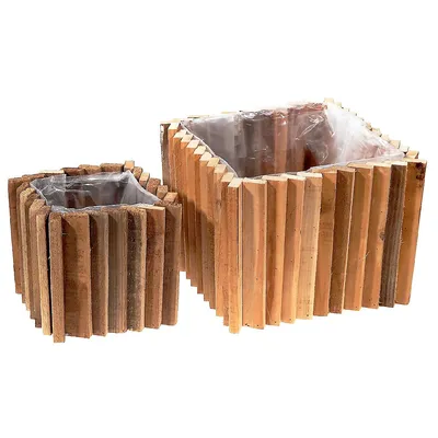 Square Domino Wood Blocks Planter With Liner (set Of 2)