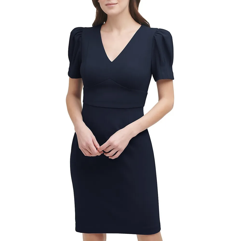 V-Neck Puff-Sleeve Sheath Dress