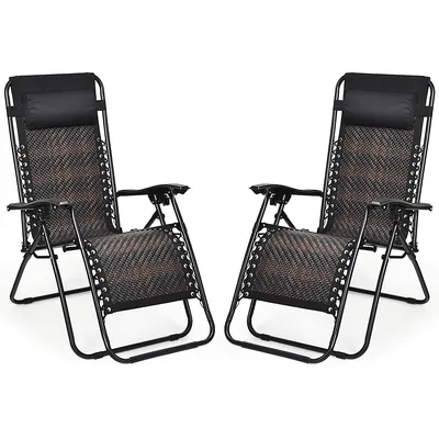 2pcs Patio Rattan Zero Gravity Lounge Chair Folding Recliner Headrest Mix