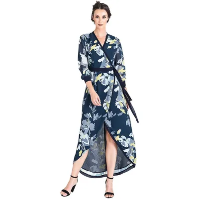 Women's Printed Tulip Style High Low Hem Chiffon Wrap Dress