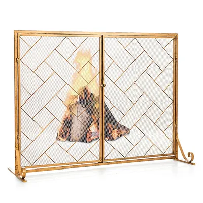 2-panel Fireplace Screen W/ Double Door Fire Spark Guard Safety Fence Goldblack