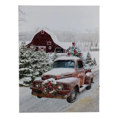 Led Lighted Fiber Optic Truck With Tree Christmas Canvas Wall Art 15.75" X 11.75"