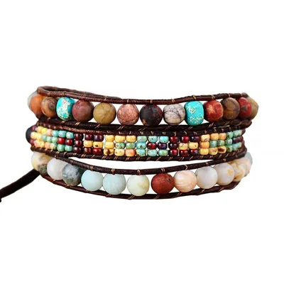 Handmade Earth Toned Jade & Agate Gemstone Beaded Wrap Bracelet