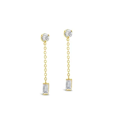 14k Gold Baguette Diamond Chain Drop Stud Earrings