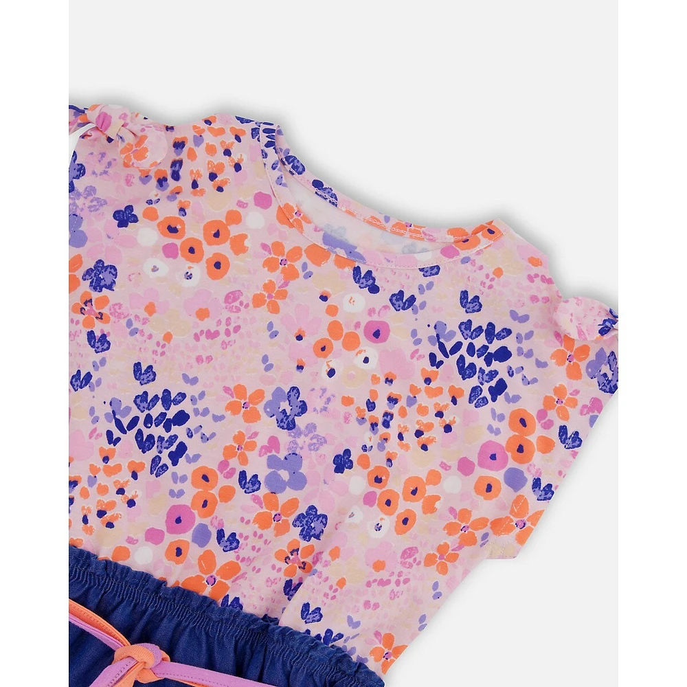 Printed And Chambray Bi-material Dress Lavender