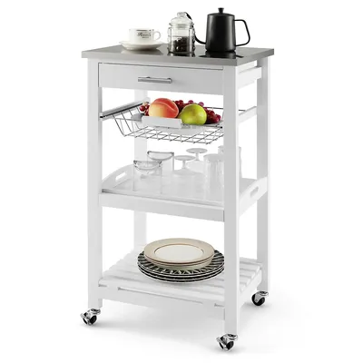 Compact Kitchen Island Cart Rolling Service Trolley Withstainless Steel Top Basket