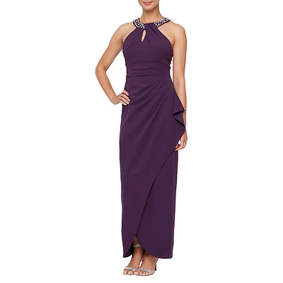 Beaded-Halterneck Ruched Gown