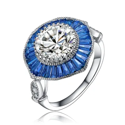 Sterling Silver White Gold Plating With Sapphire Cubic Zirconia Modern Ring