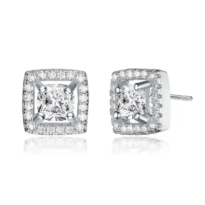 Gv Sterling Silver With Clear Cubic Zirconia Square Halo Stud Earrings