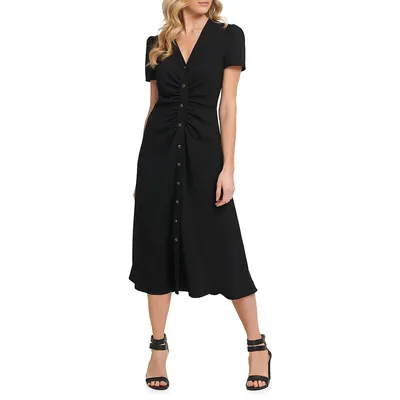 Ruched Button-Front Fit-&-Flare Dress