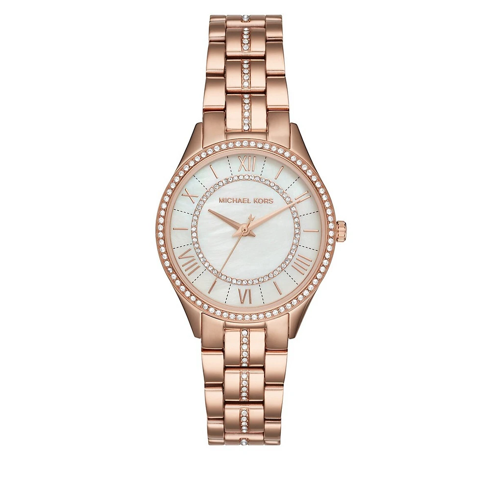 Montre-bracelet analogique en acier inoxydable rose doré avec cristaux Lauryn MK3716