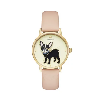 Grand Metro Goldtone Stainless Steel & Pink Vachetta Leather Strap Frenchie Dog Watch KSW1345