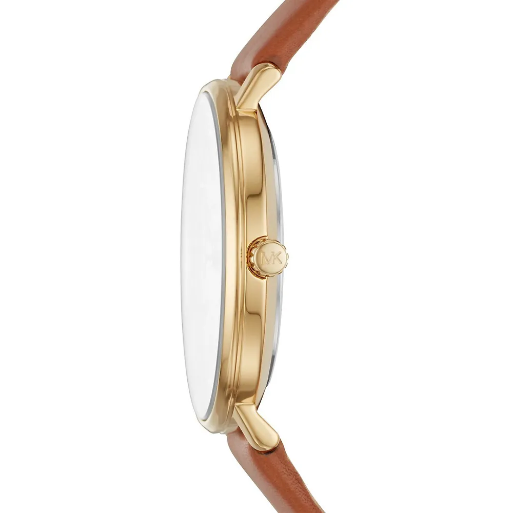 Goldtone & Luggage Leather Pyper Strap Watch MK2740