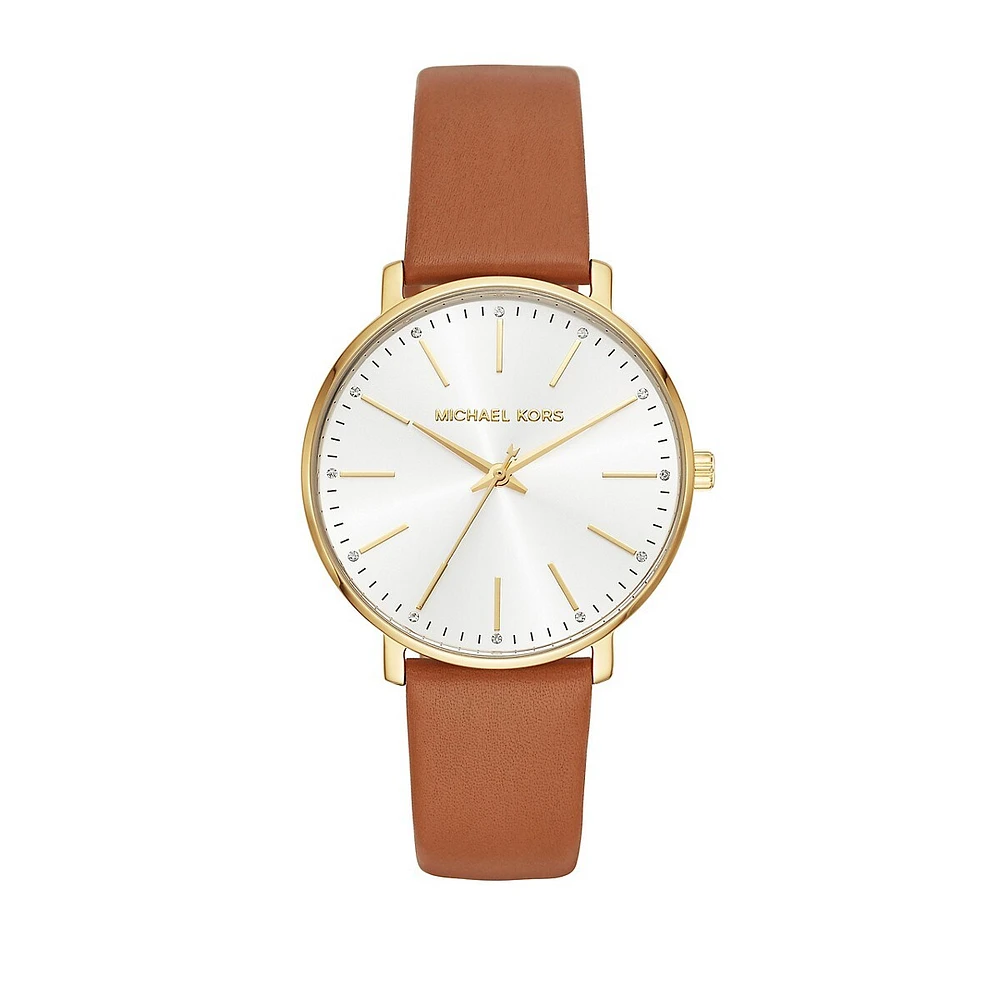 Goldtone & Luggage Leather Pyper Strap Watch MK2740