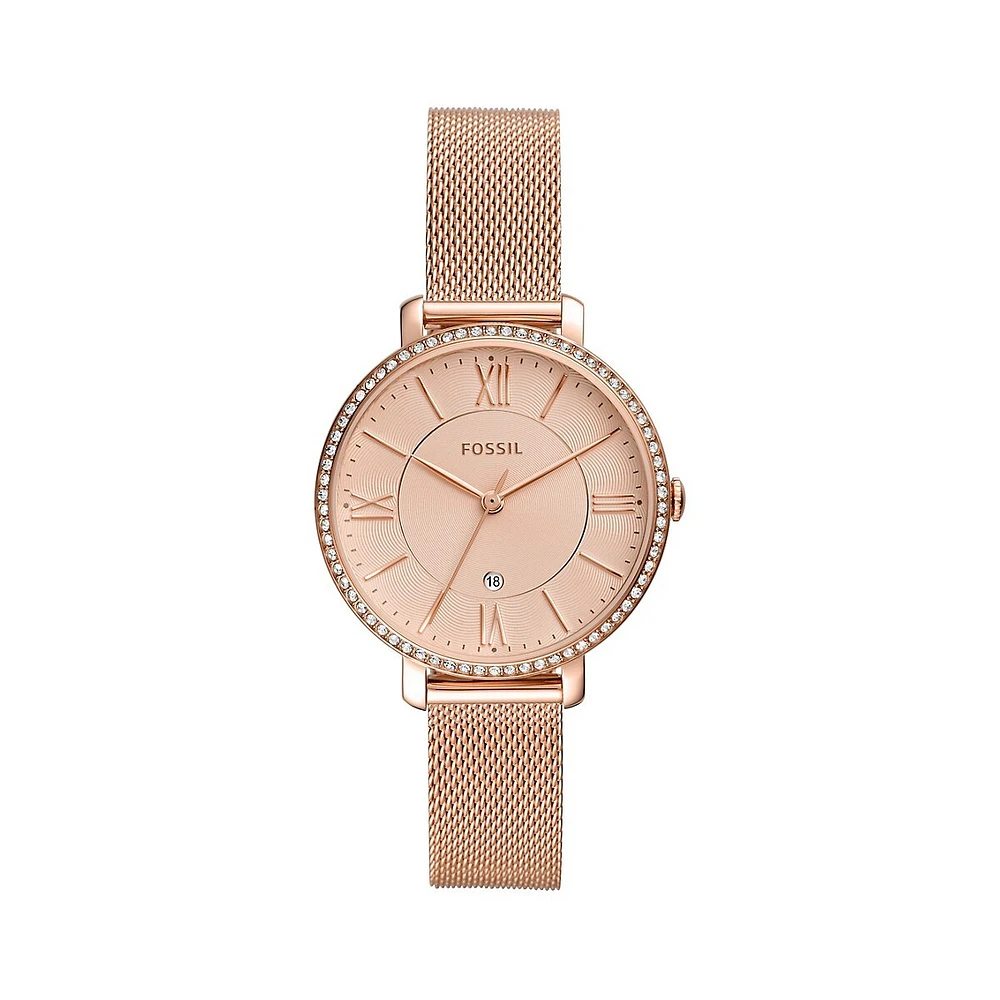 Montre-bijou Jacqueline avec guichet en acier inoxydable rose doré