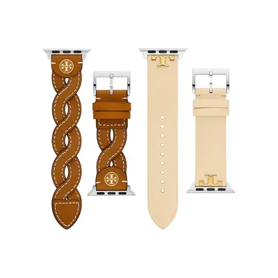 Ensemble bracelet en cuir ivoire lisse et bracelet tressé pour Apple Watch 20 mm - TBS0069, 2 pièces