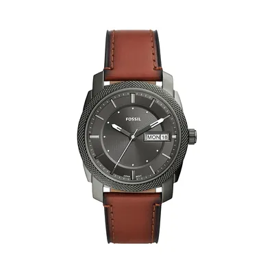 Machine Three-Hand Date & Day Display Gray Dial & Brown Leather Strap Watch FS5900