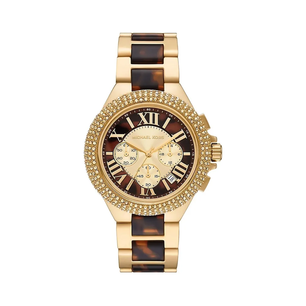 Camille Crystal Pavé Goldtone Stainless Steel & Tortoise Acetate Bracelet Chronograph Watch​ MK7269