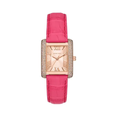 Montre à pavé avec bracelet en cuir et boîtier en acier inoxydable rose doré Emery MK2984