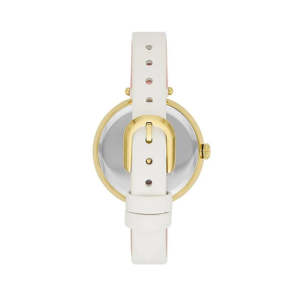 Holl & Crystal, Goldtone Stainless Steel & White Leather Strap Butterfly Watch KSW1790