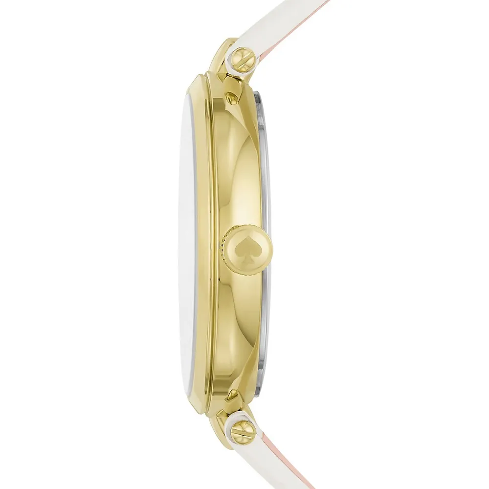 Montre en acier inoxydable doré avec bracelet en cuir blanc et formes de papillon Holl & Crystal KSW1790