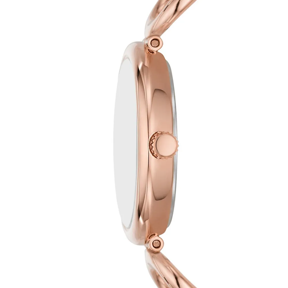 Montre-bracelet en acier inoxydable rose doré avec maillons en D Carlie, modèle ES5273