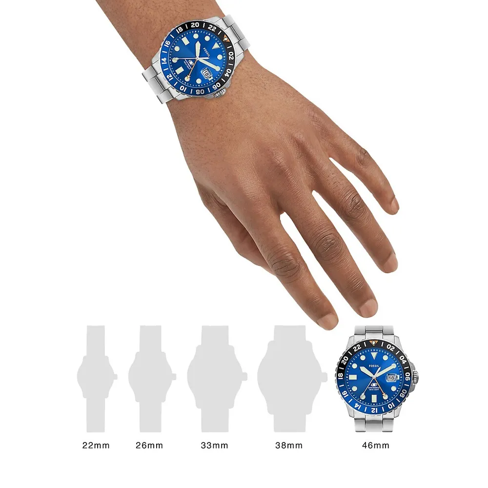 Montre-bracelet en acier inoxydable à fonction GMT Fossil Blue, modèle FS5991