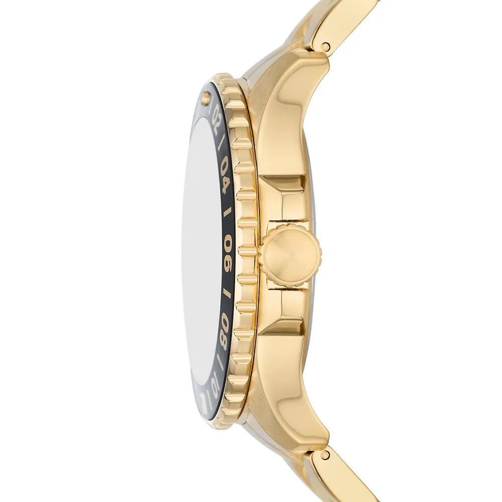 Montre-bracelet en acier inoxydable doré à fonction GMT Fossil Blue, modèle FS5990