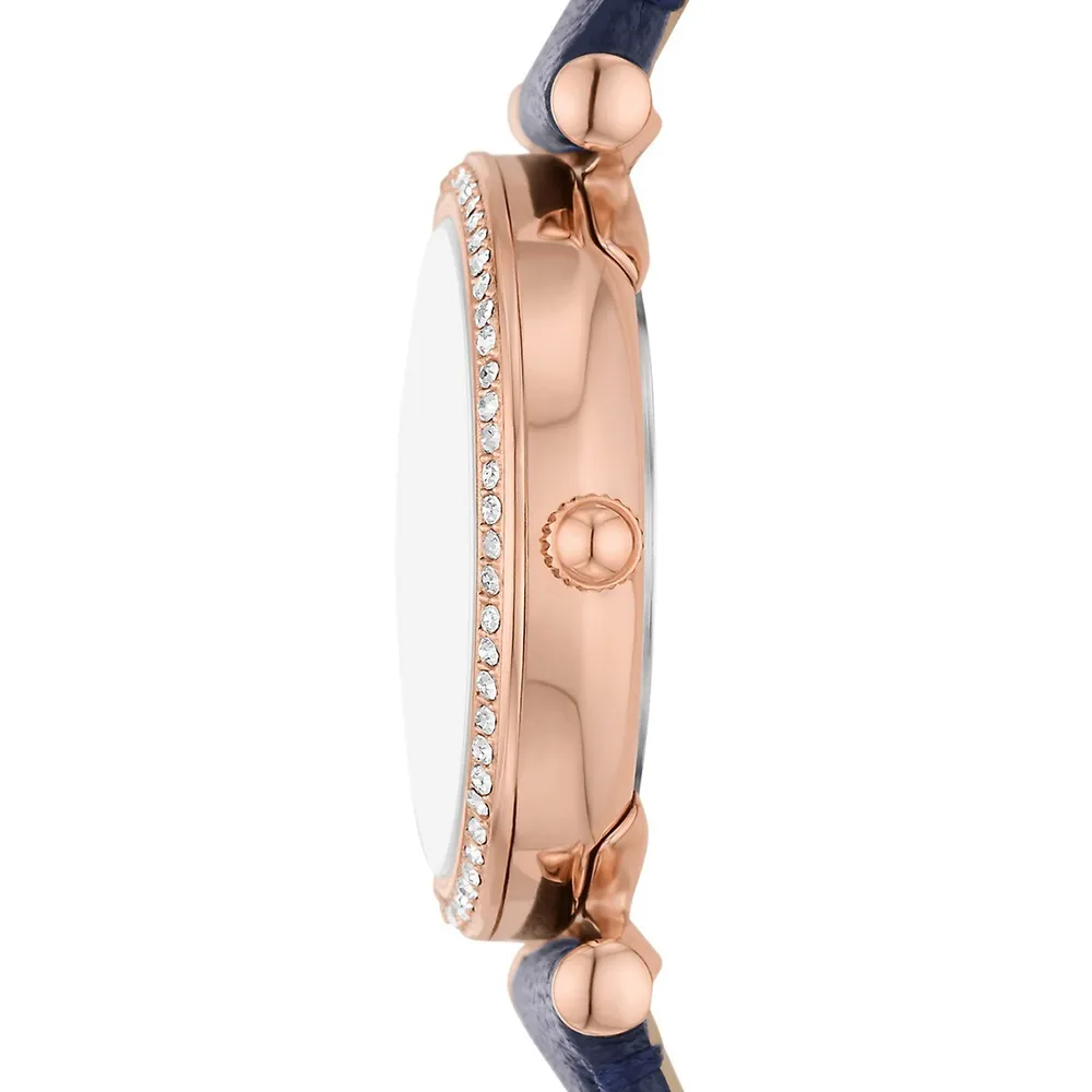 Carlie Rose Goldtone Stainless Steel, Glitz and Navy Litehide Leather Strap Watch ES5295