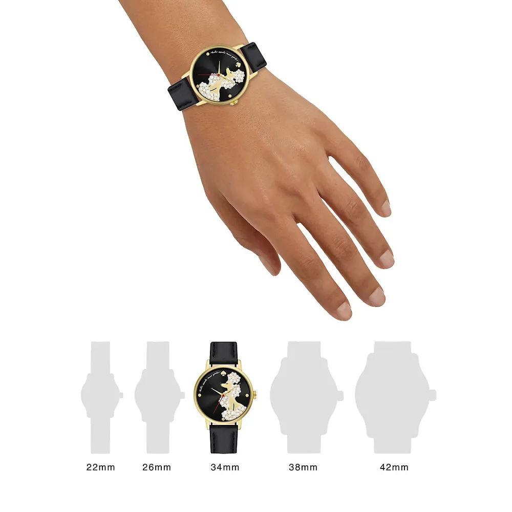 Metro Goldtone Stainless Steel, Faux Pearl, Clear Stone and Black Leather Strap Poodle Watch KSW1807