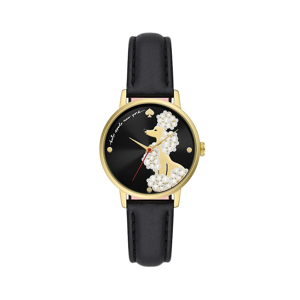 Metro Goldtone Stainless Steel, Faux Pearl, Clear Stone and Black Leather Strap Poodle Watch KSW1807