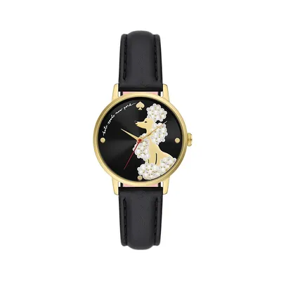 Metro Goldtone Stainless Steel, Faux Pearl, Clear Stone and Black Leather Strap Poodle Watch KSW1807